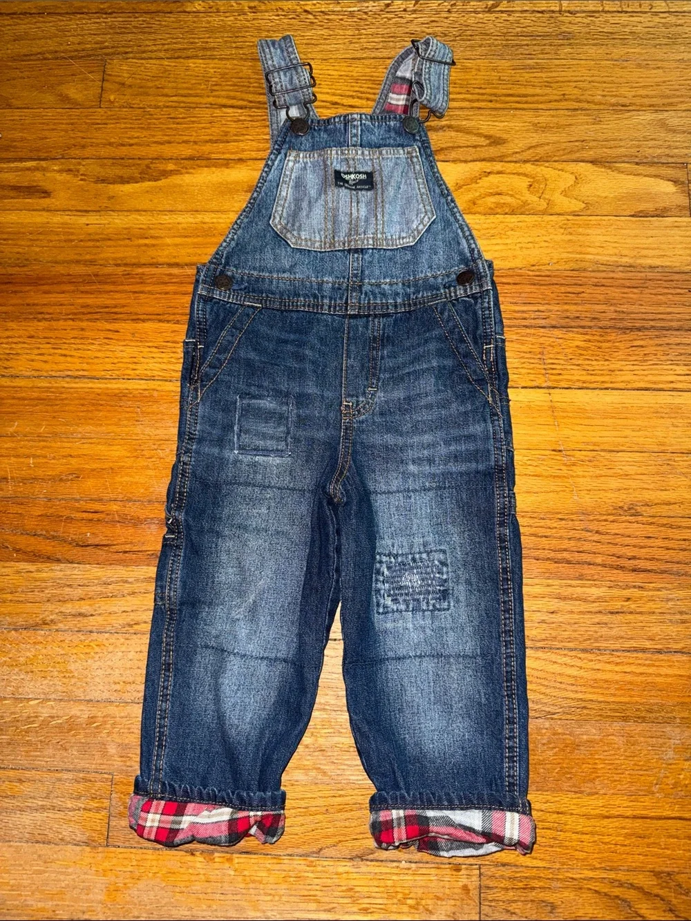 OshKosh B’Gosh Classic Distressed, Blue Denim, flannel lined Overalls Toddler